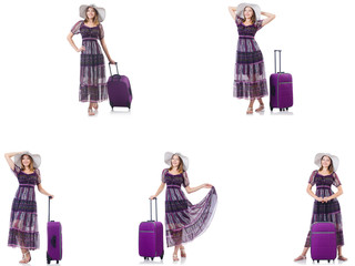 Young woman with suitcase isolated on white 