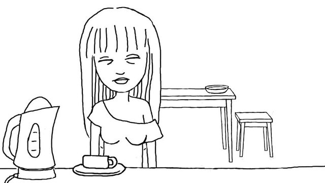 Good morning in the kitchen. Brazen cat climbed onto the table and eats from the plate the girl's food while she warms the kettle. Funny black and white cartoon.