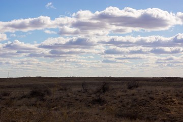 The extraordinary landscape of the steppes of Kalmykia. Over the boundless steppe float bizarre Cumulus clouds.