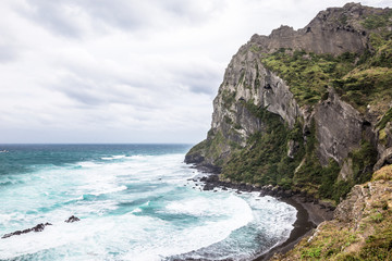 Seongsan Ilchulbong beautiful volcano island rises from the sea in the East of Jeju South Korea Asia