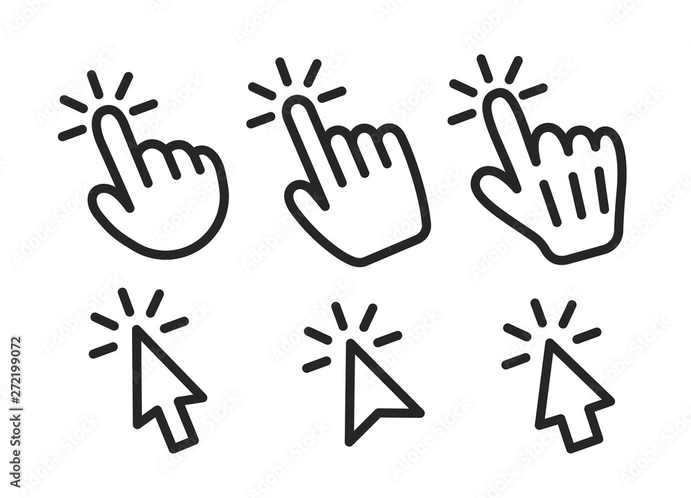 Poster Vector set of mouse cursors and pointing hands. Icons, signs of pointing hands and mouse cursors.