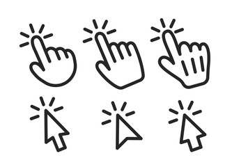 Obraz premium Vector set of mouse cursors and pointing hands. Icons, signs of pointing hands and mouse cursors.