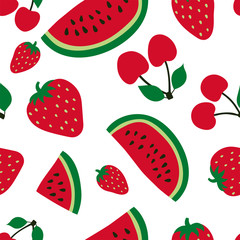 Watermelon, cherry and strawberry seamless pattern. Red berry. Sweet fruits. Fashion design. Food print for dress, textile, curtain or linens. Hand drawn vector sketch background. Vegan menu