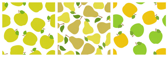 Apple and pear. Fruit seamless pattern set. Fashion design. Food print for clothes, linens or curtain. Hand drawn vector sketch. Garden background collection