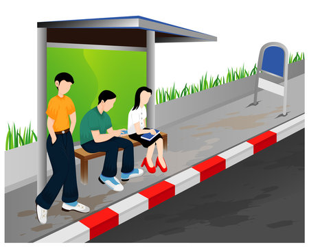 three people at bus stration vector design
