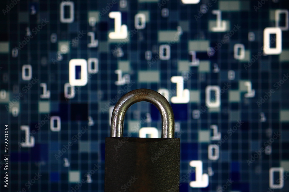 Poster binary computer language matrix blurred be hide an iron padlock. sign of computer privacy protection