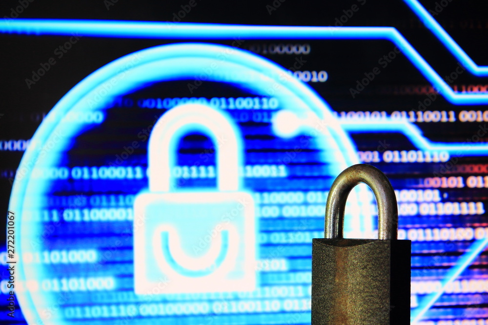 Poster double padlock. iron padlock and digital padlock symbol in screen display in the background. double 