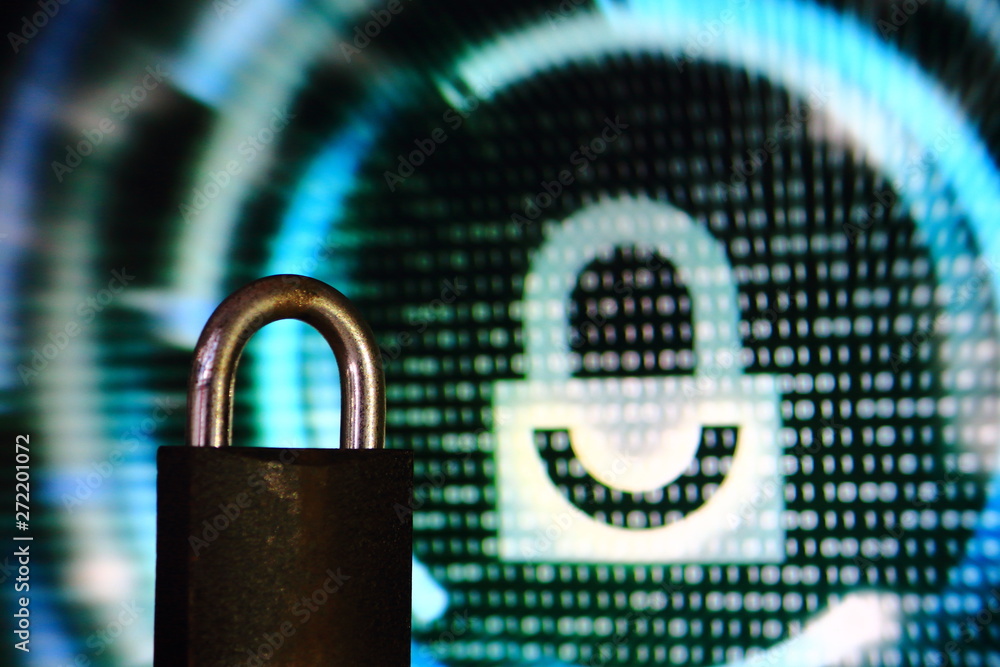 Poster double padlock. iron padlock and digital padlock symbol in screen display in the background. double 