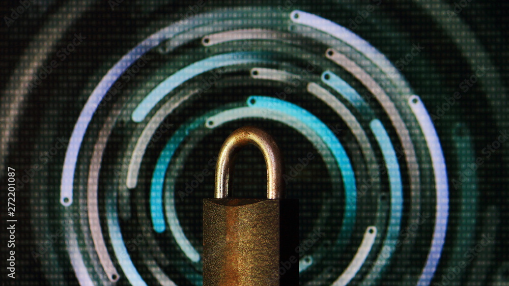 Poster padlock closed. padlock placed in front of circular defocus bokeh light. digital computer and intern