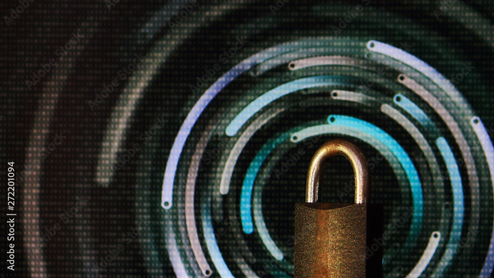 Poster padlock closed. padlock placed in front of circular defocus bokeh light. digital computer and intern