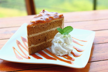 Piece of chocolate cake on a white plate