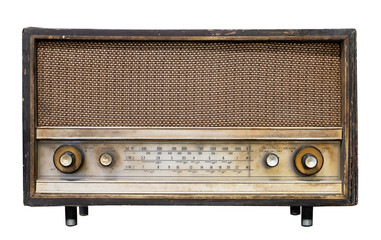 Vintage radio receiver - antique wooden box radio isolate on white with clipping path for object,...