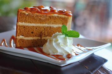 Piece of chocolate cake on a white plate