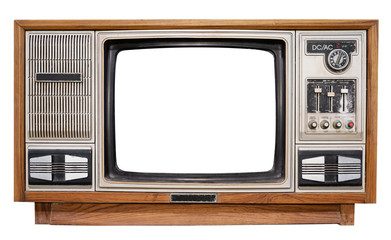 Vintage television - antique wooden box television with cut out frame screen isolate on white with...