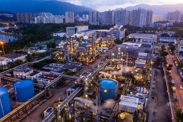 Top view of Hong Kong industrial factory plant at night