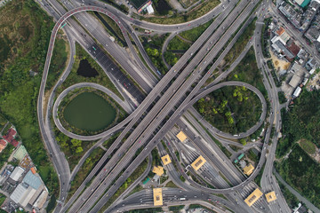 Aerial view city transport expressway road with tollway