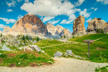 Beautiful mountain landscape with hiking trails and hiking signboards, Dolomites