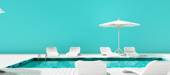 Swimming pool with beach umbrella and chairs. Summer vacation concept. 3d rendering