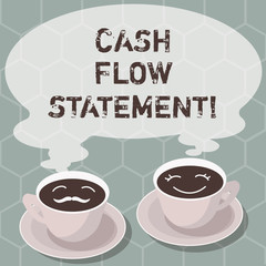 Writing note showing Cash Flow Statement. Business photo showcasing financial measures cash generated used by company period Sets of Cup Saucer for His and Hers Coffee Face icon with Blank Steam