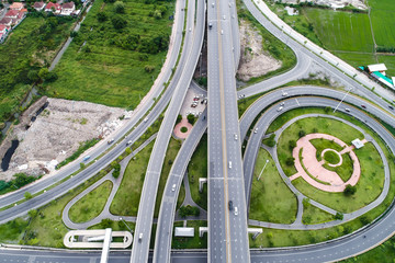 Aerial view transport junction road with satadium green park