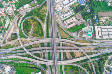 Aerial view junction transoport circular road with vehicle movement