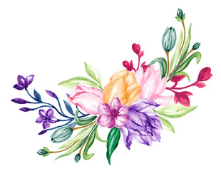 The beautiful of flower Tulips and herbs blossom wreath arrangement bouquet Composition watercolor Gouache Hand Painted