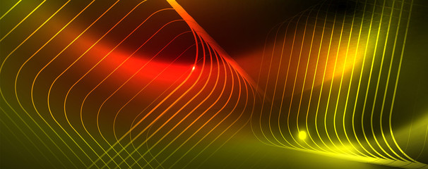 Techno glowing background, futuristic dark template with neon light effects and simple forms, vector