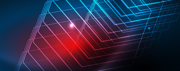Neon glowing techno lines, hi-tech futuristic abstract background template, vector