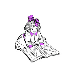 Cute baby girl with dress read the book. Hand drawn children's design for print clothing, wall art, products for kids, poster, wall art, room decor. 