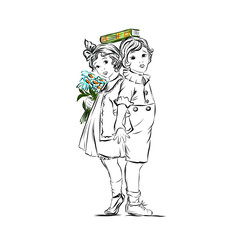 Cute baby girl with flowers and boy stand with books on their heads. Hand drawn children's design for print clothing, wall art, products for kids, poster, wall art, room decor. 