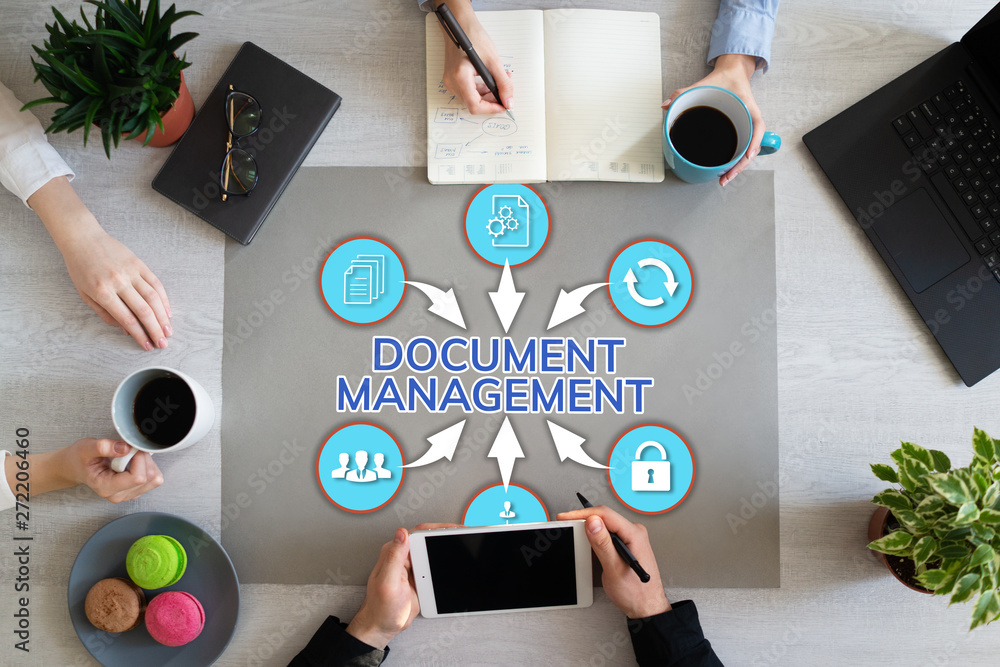 Poster document management system business process optimisation on office desktop.