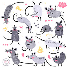 Set of funny rats for design. Cute little mice in different poses. Merry mouse romp. Vector illustration