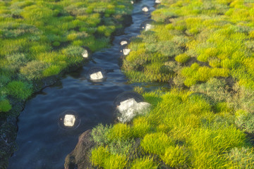 The fantasy lanterns in the river between mountains, 3d rendering