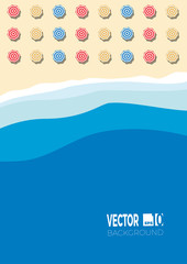 Summer concept, vector background for poster. Beach and sea with umbrella,  flat view