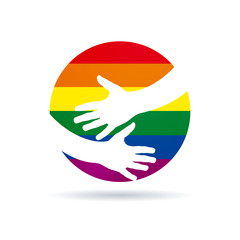 Embrace the world. Vector sign hands with rainbow. Gay pride parade concept