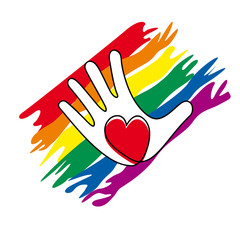 Heart inside an hand with rainbow. Vector sign. Gay pride parade concept