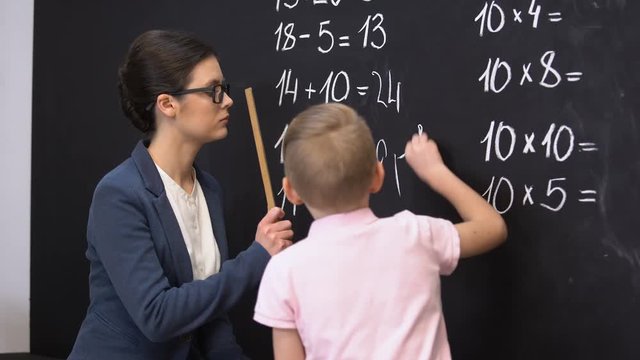 Teacher hitting schoolboy with ruler, boy writing on blackboard, punishment