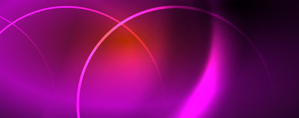 Bright neon circles and wave lines, glowing shiny background design template, digital techno concept.