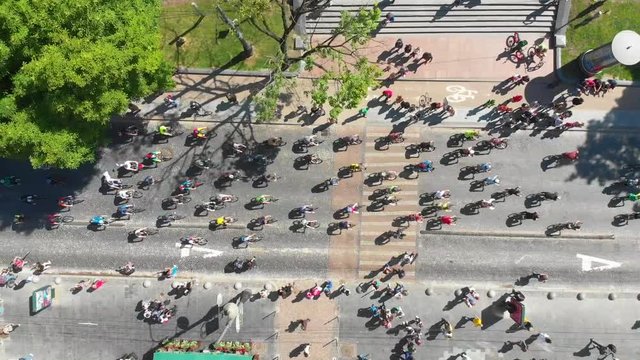 Overhead View Of Bicycle City Day. Big People Group Riding Together. Healthy Lifestyle