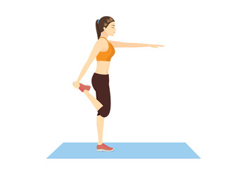 Woman doing Kneeling Quad Stretch on exercise mat and reaching hand out to her front. Illustration about simple Stretching leg muscle.