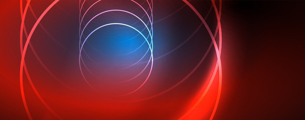 Trendy neon blue abstract design with waves and circles. Neon light glowing effect. Abstract digital background.