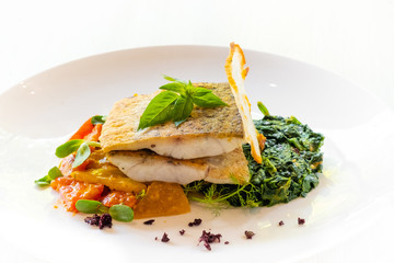 close up of pan seared grilled sea bass snapper fillet with healthy vegetables