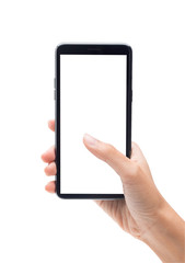 Woman hand holding the black smartphone and touching on blank screen isolated on white background with clipping path.