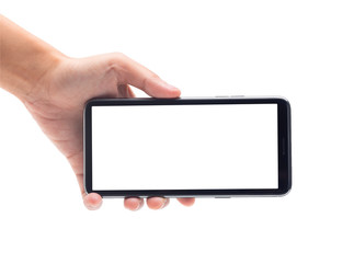 Woman hand holding the black smartphone with blank screen isolated on white background with clipping path.