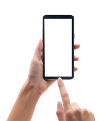 Woman hand holding the black smartphone and touching on blank screen isolated on white background with clipping path.