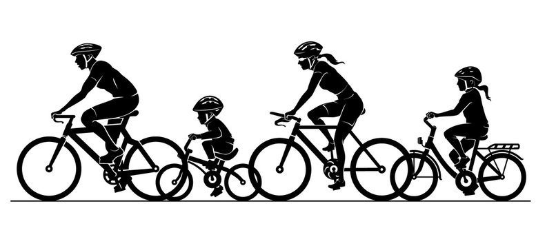 Family Cycling Together Silhouette Set