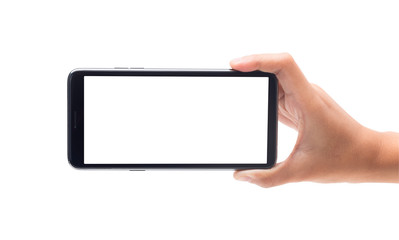 Woman hand holding the black smartphone with blank screen isolated on white background with...