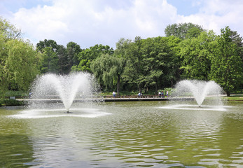 Fountains in the pond next to the woods