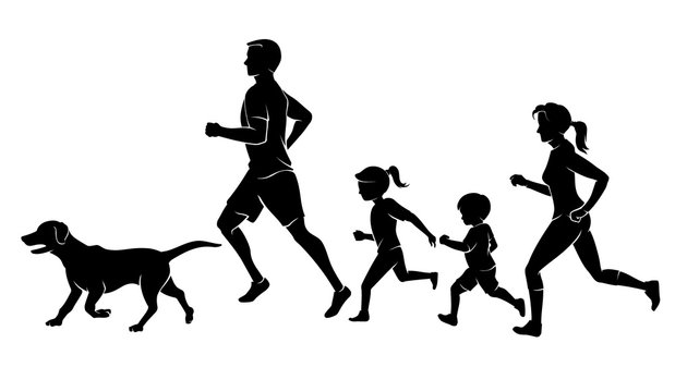 Family Jogging Together with Pet Dog Silhouette