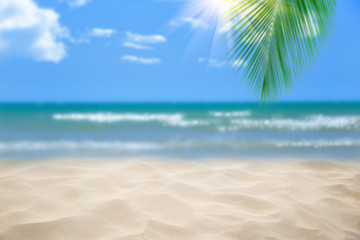 Fototapeta na wymiar Beach with blurry blue ocean and sky,palm tree background ,Summer Concept .